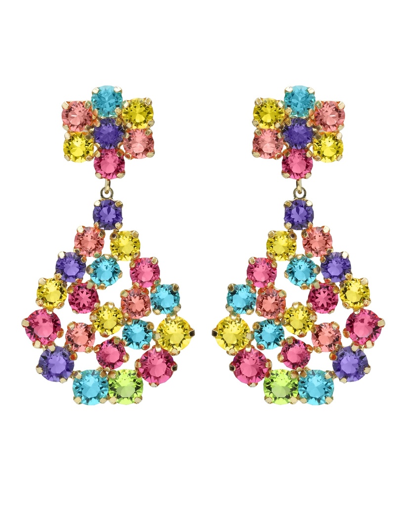 Pendientes largos Fleur lágrima con cristal multicolor en Plata baño Oro