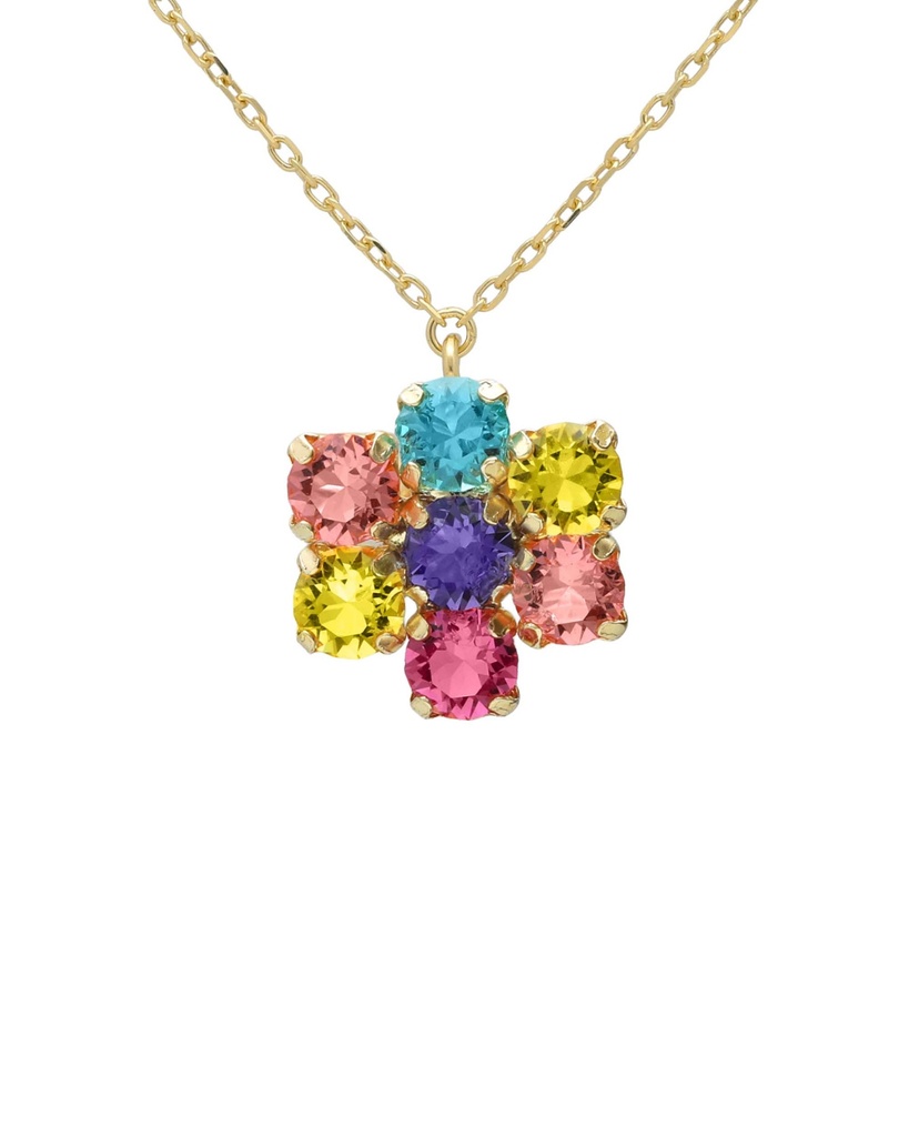 Collar corto Fleur flor con cristal multicolor en Plata baño Oro