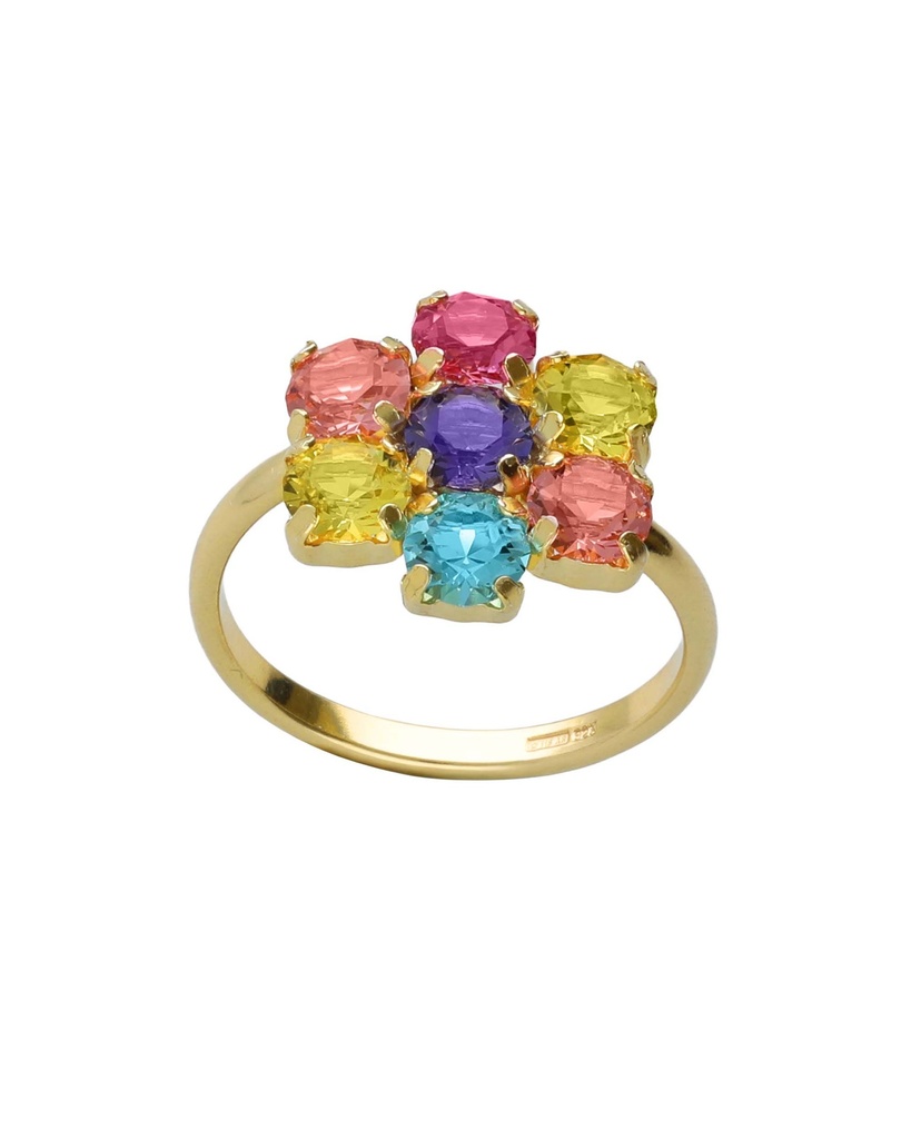 Anillo ajustable Fleur flor con cristal multicolor en Plata baño Oro