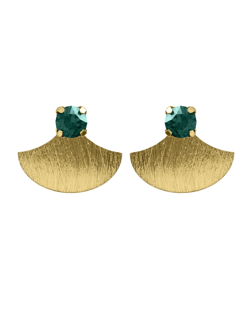 Pendientes botón Azure abanico textura con cristal verde en Plata baño Oro