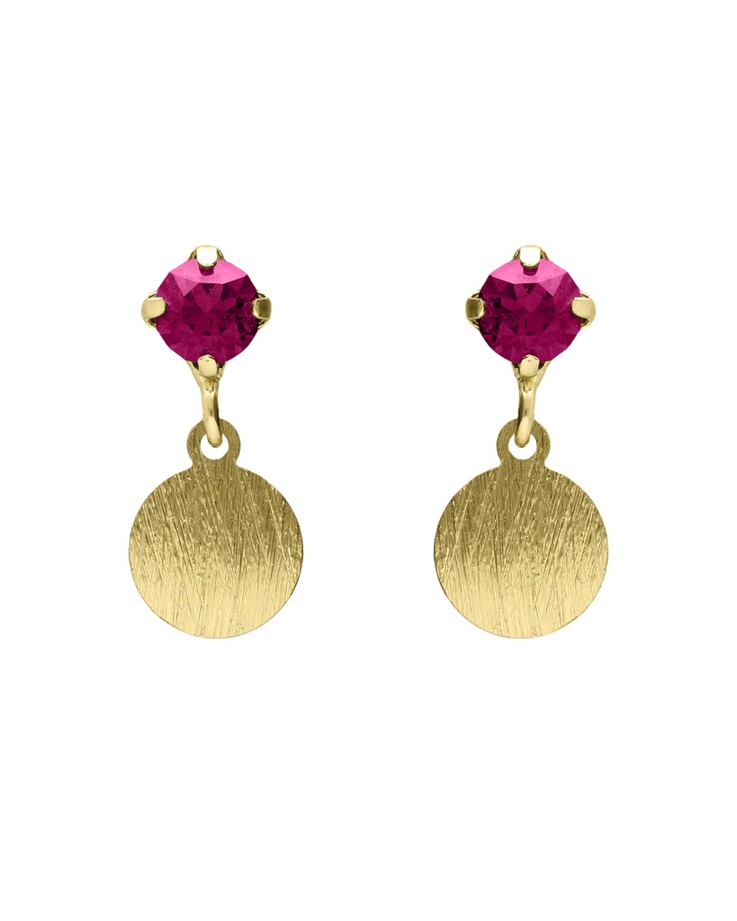 Pendientes cortos Azure círculo textura con cristal rosa en Plata baño Oro