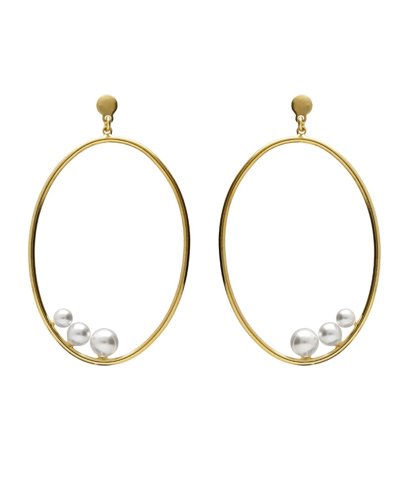 Pendientes largos Solene oval con perla en Plata baño Oro