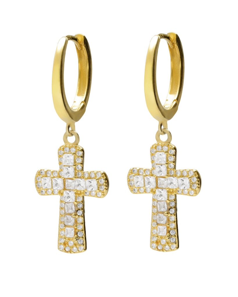 [A5634-07DT] Pendientes aro click Lux cruz con circonita blanca en Plata (Baño de oro 18k)