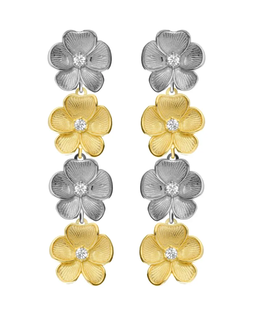 Pendientes largos Origami flor bicolor con cristal blanco en Plata baño oro y rodio