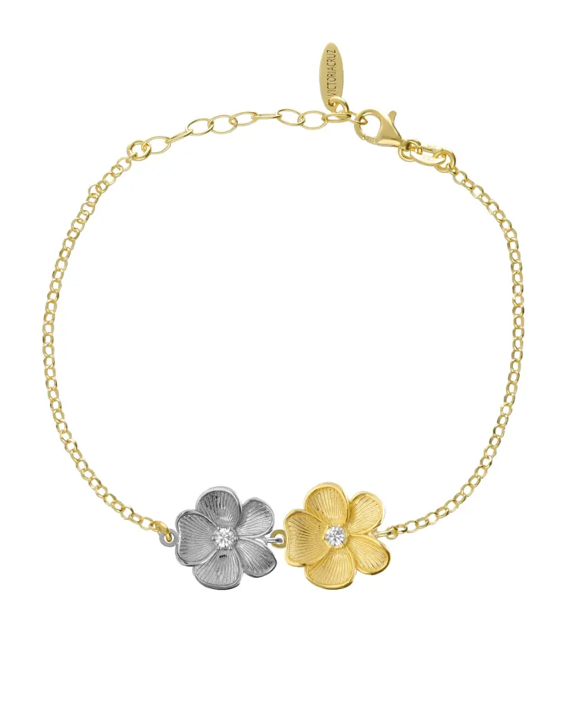 Pulsera Origami flor bicolor con cristal blanco en Plata baño oro y rodio