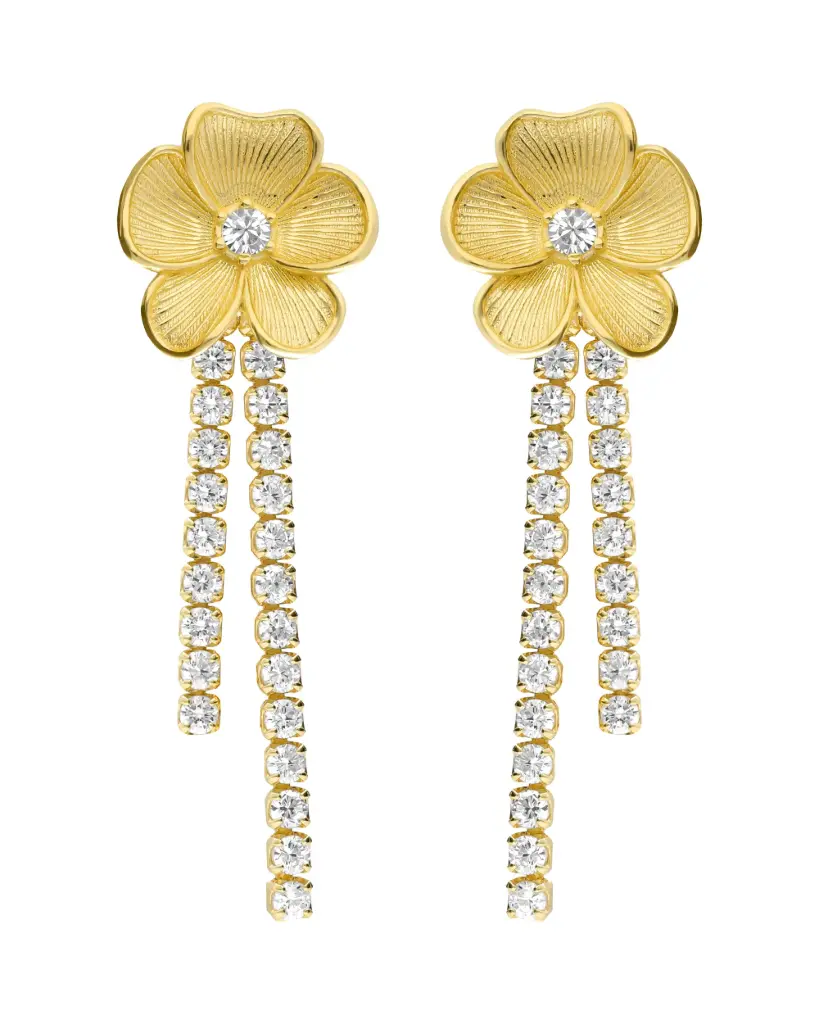 Pendientes largos Origami flor con cristales riviere en Plata