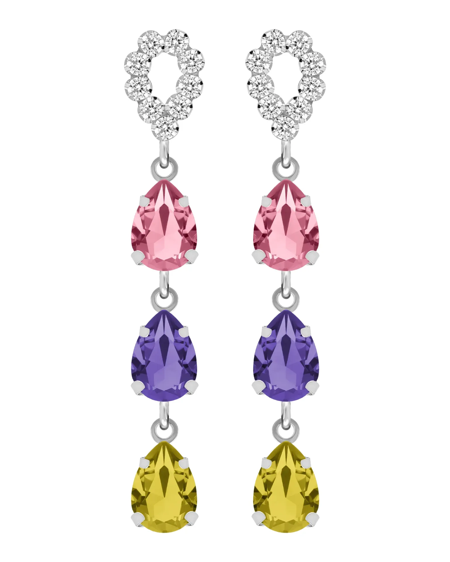 [A5848-MHT] Pendientes largos Move lágrima con cristal multicolor en Plata baño Rodio