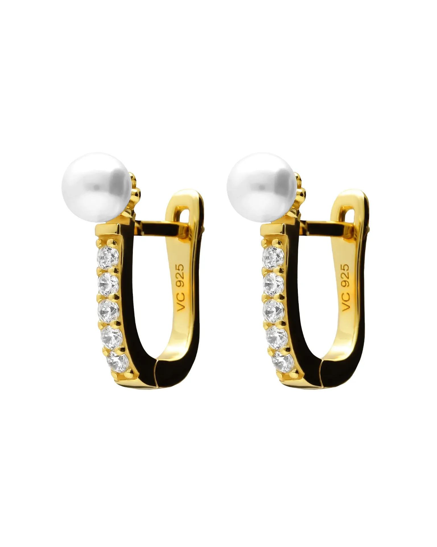 Pendientes aro click Ephemeral con perla cultivada y circonita en Plata baño Oro