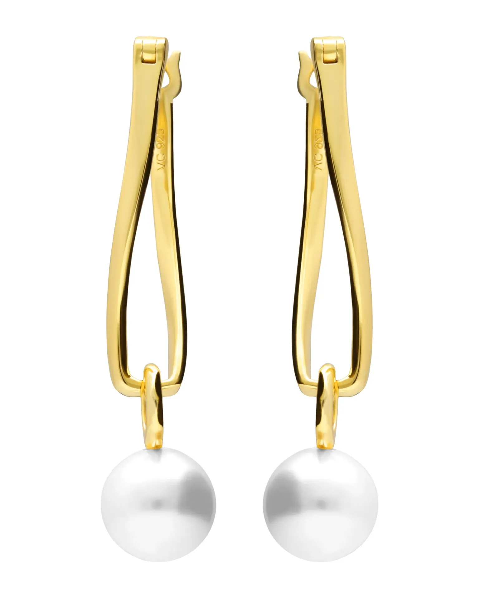 [A5933-00DT] Pendientes largos click Ephemeral con perla en Plata baño Oro