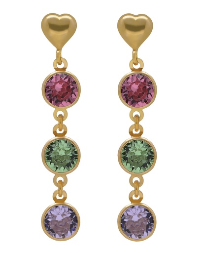 [A5608-MDT] Pendientes largos Muá corazón con cristal multicolor en plata baño oro