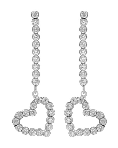 [A5613-07HT] Pendientes largos Muá corazón con cristales riviere blanco en plata baño rodio
