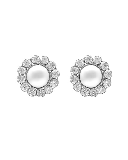 [A5618-00HT] Pendientes botón Muá rosetón con perla y cristales riviere blanco en plata baño rodio