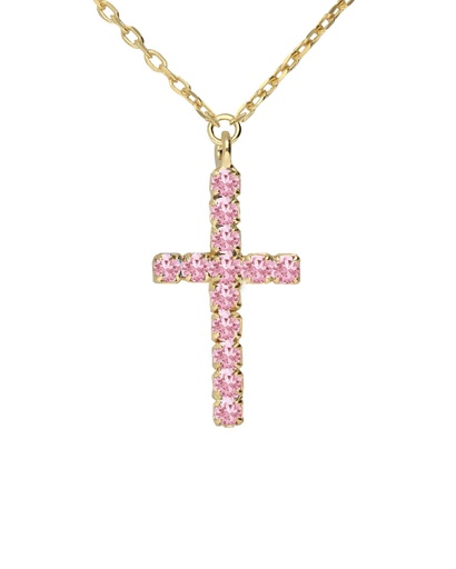 [A5653-04DG] Collar corto Eau cruz con cristales riviere rosa en Plata baño Oro