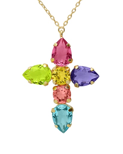 [A5679-MDG] Collar largo cruz Fleur con cristal multicolor en Plata baño Oro
