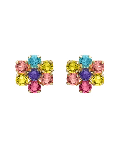 [A5692-MDT] Pendientes cortos Fleur flor con cristal multicolor en Plata baño Oro