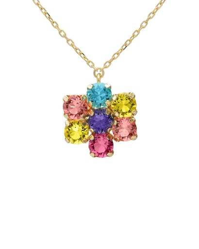 [A5694-MDG] Collar corto Fleur flor con cristal multicolor en Plata baño Oro