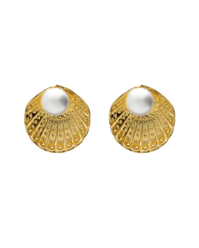 [A5739-00DT] Pendientes botón Solene concha con perla en Plata baño Oro