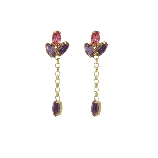[A4449-05DT] Pendientes largos flor cristal rosa en Plata baño Oro de Lia